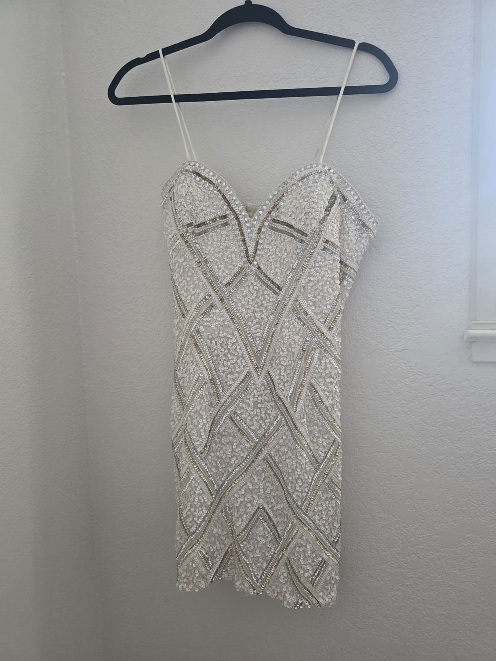 Embellished Ivory Sequin Mini Dress - Spaghetti Strap